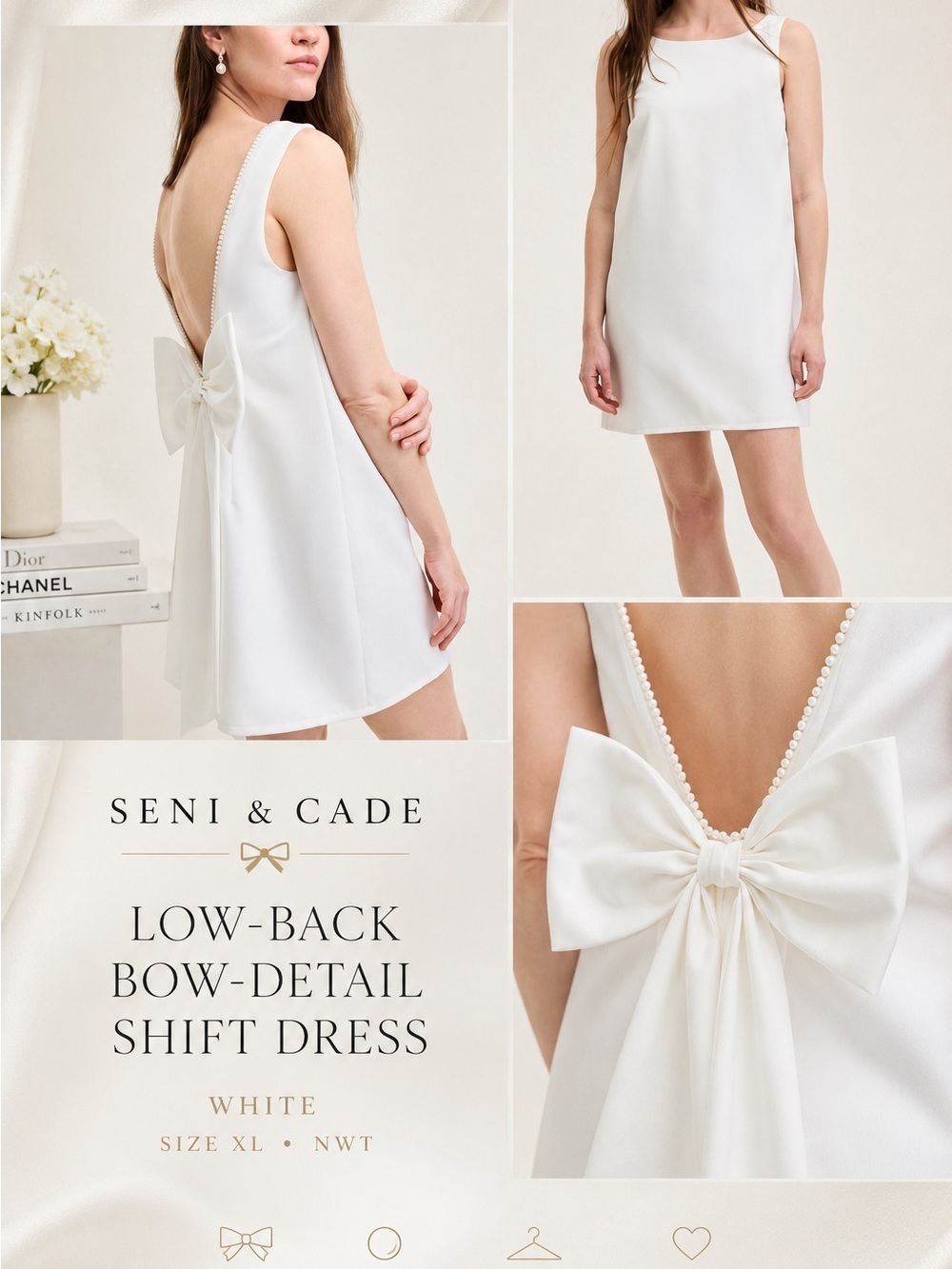 Seni & Cade White Shift Mini Dress NWT XL Pearl Trim Open Bow Back Mini